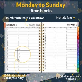 SUNEE 2026 Appointment Book, Quarter-Hourly, Weekly & Monthly - from January 2026 - December 2026, 8.5"x11" Weekly Planner, Flexible Cover, Note Pages, Pockets, Bookmark, Spiral Binding, Navy Flower
