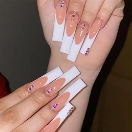 BAOYAALIN Long Square Press on Nails French White Fake Glue on Nails with Simple Rhinestones Design for Women Girls Full Cover Artificial Acrylic False Stick on Nail for Daily Wear Wedding 24Pcs