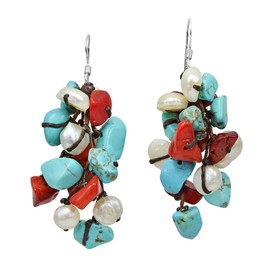 Cluster Simulated Turquoise & Reconstructed Red Coral & Cultured Freshwater White Pearl .925 Sterling Silver Dangle Earrings