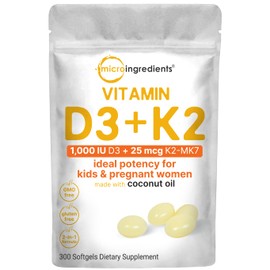 Micro Ingredients Vitamin D3 1,000 IU + K2 MK-7 25 mcg, 300 Softgels | Virgin Coconut Oil | 2-in-1 Bone, Immune & Heart Support | Easy to Swallow, Non-GMO
