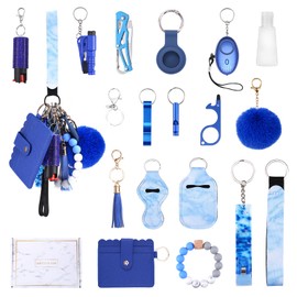 Ankilo Newest Safety Keychain Set for Women, Safety Keychain Accessories, Bracelet Wristlet Keyring for Girls with Personal Alarm, No Touch Door Opener, Whistle and Pompom (Blue)