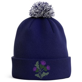Purple Print House Embroidered Scottish Thistles Bobble Hat Scotland Men Women Rugby Supporters Nations Winter, One Size, Navy