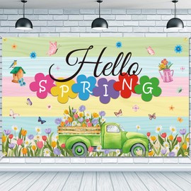 JKQ Hello Spring Backdrop Banner 71 x 45 Inch Large Colorful Spring Truck Tulips Flowers Background Banner Spring Easter Holiday Party Decorations Spring Break Indoor Outdoor Photo Booth Props