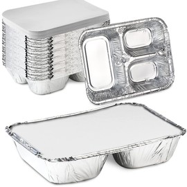 Nicole Fantini Disposable Aluminum 8 1/2" x 6 3/8" Three Compartment oblong Foil Tray with Aluminum Lid | Best Take-out Container: 250 Sets