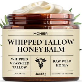 MONIER - Sarga batida de carne para piel, sebo y bálsamo de miel para la cara | Moisturizer With 100% Organic Grass-Fed Beef Tallow & Raw Wild Honey, Packaging May Vary, Dry & Sensitive Skin (Unscented)