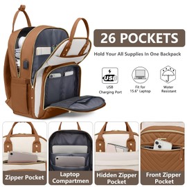 Laptop Backpack for Women Work Bookbag: 15.6 Inch College Backpacks with USB Charger School Book Bag Waterproof Travel Computer Back Pack Anti-Theft Casual Bookbags for Girls Teacher Nurse Beige Brown