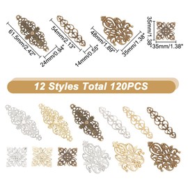arricraft 120 Pcs Antique Filigree Connector Charms, 4 Styles Multicolor Flower Leaf Heart Brass Iron Pendants Filigree Metal Embellishments for DIY Hairpin Headwear Earring Jewelry Making