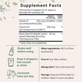 Micro Ingredients 2 Pack Vitamin D3 10000 iu + K2 (MK-7) 200 mcg Drops, 4 fl oz | Plus Black Seed & MCT Oil | 4-in-1 Bone, Immune, & Heart Health Support | Easy Absorption