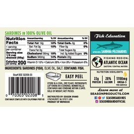 Season Sardines in Pure Olive Oil, 4.375 Ounce Tin