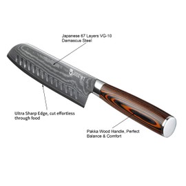 JOURMET 7" Damascus Santoku - Professional Sharp Blade Chef Kitchen Knife with Japanese VG10 Super Steel Core, Professional 67-layer Handmade PAKKA Wood Handle with S/S 430 Bolster
