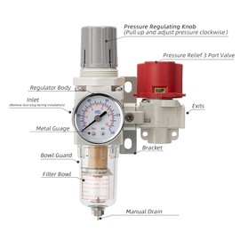 LNCHKA Pneumatic Air Compressor Filter Regulator Combo 1/4" NPT 150 PSI w/Adjustable Gauge - Water Separator,Metal Bracket,Manual Drain,5 Micron Brass Cartridge