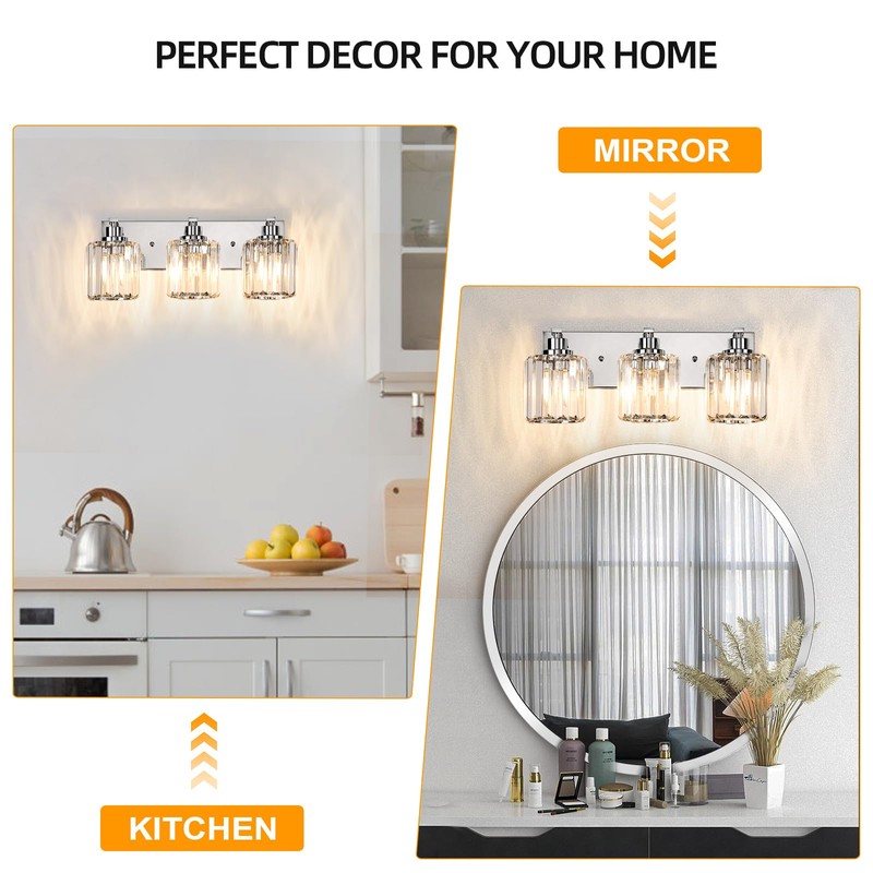 Haolaike 3 Lights Crystal Bathroom Vanity Light Modern Chrome Bathroom