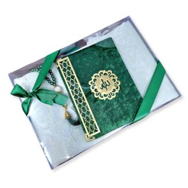 Islamic Gift Set (Quran Book 9 Surah + Prayer Mat + Luxury Tasbeeh) Namaz Oriental Muslim Carpet Janamaz Sajadah Ideal/Hajjj/Umrah/Ramadan/Wedding/Niqah Gift (Green)