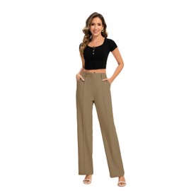 FUNYYZO Long Dress Pants Women High Waisted Work Pants Dressy Casual Straight Leg Elastic Waist Trousers Khaki