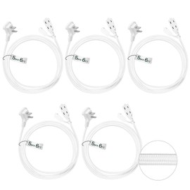 Tellegloww 5 Pcs Christmas 3 Outlet Extension Cord Outdoor Braided Flat Plug Extension Wire Prong 6 ft with Low Profile Plug 3 Prong Extension Cord for Xmas Light Holiday Decoration(White)