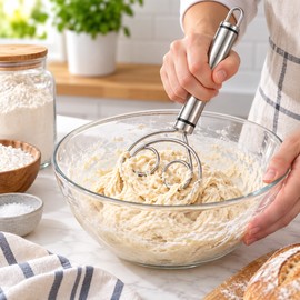 Stainless Steel Dough Whisk for Bread & Baking –Manual Dough Mixer with Hanging Hole for Flour, Batter & Pastry