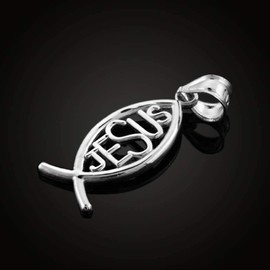 925 Sterling Silver Vertical Jesus Ichthus Charm Christian Fish Pendant Necklace, 16"