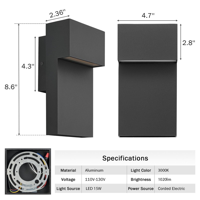 Nigaut Black 15W LED Outdoor Wall Lights, 2 Pack 3000K