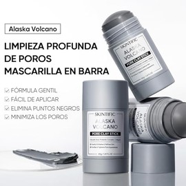SKINTIFIC Mascarilla en Barra de Arcilla Volcánica  Limpieza Profunda de Poros, Elimina Puntos Negros, Arcilla Natural de Alaska con Ácido Glicólico, 