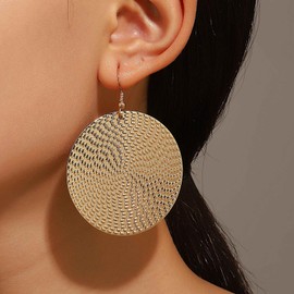 Gold Round Disc Dangle Earrings Gold Vintage Textured Round Drop Earrings Fashion Large Circular Surface Earrings Jewellery for Women and Girls, Zinc, Cubic Zirconia