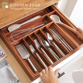 KitchenEdge Premium Silverware, Flatware and Utensil Organizer for Kitchen Drawers, Expandable 19 to 33 Inches Wide, 11 Compartments, Food-Safe Premium Acacia Wood Finish Kitchen Storage Tray