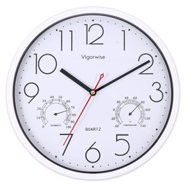 Vigorwise Wall Clock, Sweep Silent Movement Accurate Clocks with Temperature & Humidity, Decorative for Kitchen/Living Room/Bedroom/Office/School/Classroom (White, 12 inch)