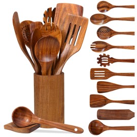 Vorisebo 12 Piece Wood Spoons for Cooking, Natural Teak Wooden Utensils Set, Handmade Wooden Kitchen Utensil Set with Holder and Spoon, Durable Nonstick, Comfort Grip Wood Cookware Tool