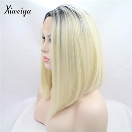 Xiweiya Ombre Blonde 613# Color with Dark Root Short Bob Wig Side Part Heat Resistant Fiber Synthetic Lace Front Wigs For Women Short Haircut Hand Tied Replacement Full Wig