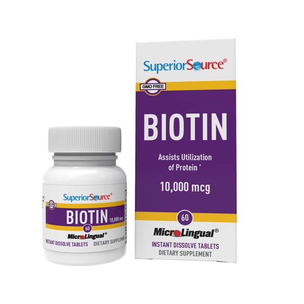 Superior Source Biotin 10000 mcg. Under The Tongue Quick Dissolve Sublingual Tablets, 60 Count, Supports Healthy Hair, Skin, and Nail Growth, Helps Support Energy Metabolism, Non-GMO