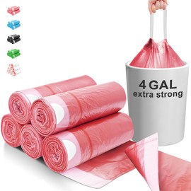 4 Gallon Trash Bags Drawstring 100 Count, JUKFITA Extra Strong Small Garbage Bags, Unscented Trash Can Liners for Bathroom Restroom Office Kitchen, Red