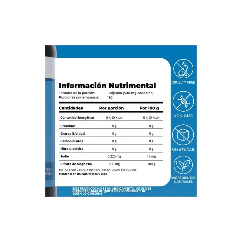 Citrato De Magnesio 120 Cápsulas Nutripass 500mg Alta Pureza Sin