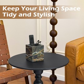 PROLEE Marble Pen Holder, Forest-Inspired Natural Stone Makeup Brush & Toothbrush Holder, Square Marble Container for Candles, Remote Controls, and Bathroom Vanity Organizer (Rainforest Green)