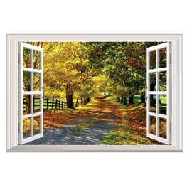 DNVEN Autumn Wall Decals Feel Road in Forests Nature Forests Scenery False Faux Window Window Frame Murals Full Color High Definition Vinyl Bedroom Living Room Playroom 24 inches x 16 inches