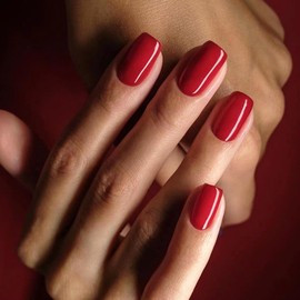 Red False Nails - 24pcs Square Press on Nails French Tip - Medium Length Fake Nails with Glue - Solid Color Glossy Stick on Nails for Women - Full Cover Acrylic Nails for Women's Daily Wear