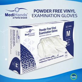 MediHands Clear Vinyl Gloves Medium Disposable Examination Gloves, Powder Free Latex Free & Protein Free, Medical, Food, Multi Use, Pack of 100