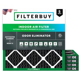 Filterbuy 25x25x1 Air Filter MERV 8 Odor Eliminator (5-Pack), Pleated HVAC AC Furnace Air Filters Replacement with Activated Carbon (Actual Size: 24.50 x 24.50 x 0.75 Inches)