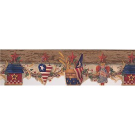 USA American Flag Birdhouse Heart Basket Liberty Angel Hanging on the Star Hooks on Brown Wall Vintage Wallpaper Border Retro Design, Roll 15' x 6.5''