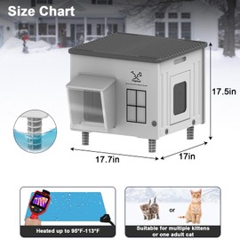 Tepoal Plastic Heated Cat House for Outside Winter, Elevated Feral Cats Shelter 100% Weatherproof & Insulated with Safe Escape Door, Outdoor Cat House with Heated for Stray Kitty Grey 17.7"X17"X17.5"