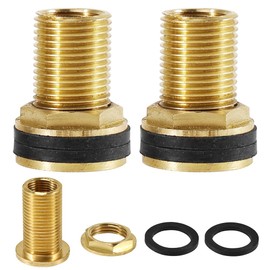 Pack of 2 Container Fittings, Brass Water Butt Feed-through, 1/2 Inch Male Thread x 3/8 Inch Female Thread, AG 1/2 Inch x Female Thread 3/8 Inch, Tank Feedthrough with 4 Seals, for Tap, Containers,