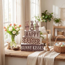 Yousoontic 5 Pcs Easter Wooden Table Decorations Bunny Tiered Tray Decor Rustic Bunny Block Signs Happy Easter Centerpiece for Spring Party Home Office Shelf