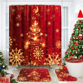 Nesphy Bathroom Sets with Shower Curtain and Rugs, 4 Pcs,Christmas Red