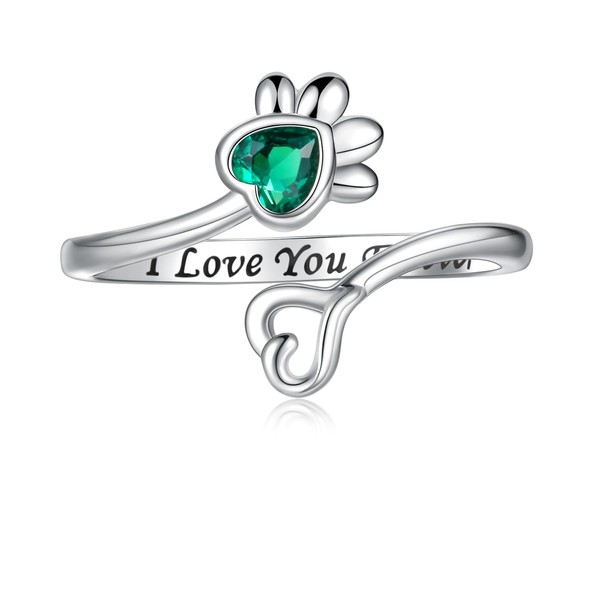 925 Sterling Silver Birthstone Pet Paw Print Rings Dog Cat