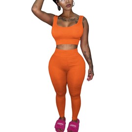 HTD 2 Piece Outfits For Women Casual Matching Sets Sleeveless Jogger Set Tracksuit Orange XXL