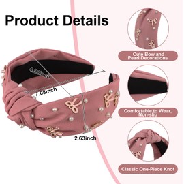 Uintoon Pink Headband Bow Pearl Knotted Headbands for Women Girls Cute Fashion Wide Headbands for Women Non Slip Hairbands Head Bands for Women's Hair Bow Hair Accessories