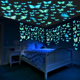 64Pcs Butterflies Stickers for Walls Bathroom Butterfly Decal Stickers Butterfly Wall Stickers Blue Luminous Sticker Glow in The Dark Butterfies Sticker Wall Decorations (Blue-64pcs)