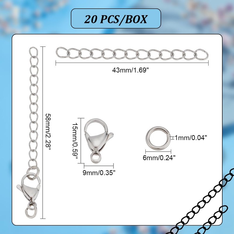 PandaHall 20 Pieces 2.2 Inch 304 Stainless Steel Necklace Bracelet