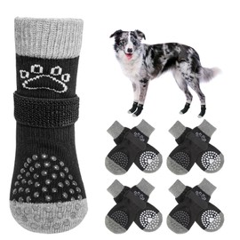 SCENEREAL 4 Pairs Double Side Anti-Slip Dog Socks for Hardwood Floors to Stop Licking Paws, Non-Slip Dog Shoes for Hot/Cold Pavement, Slipping, Paw Protectors with Grippers, Black Pearl Paw M