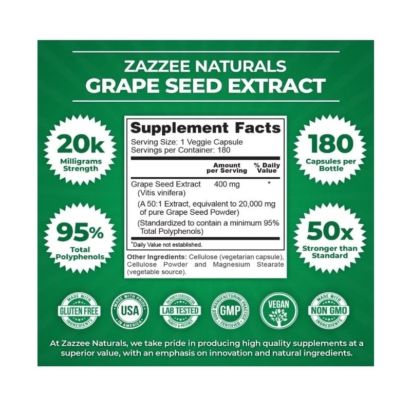 Zazzee Extra Strength Grape Seed 50:1 Extract, 400 mg, 180