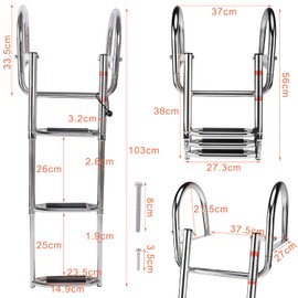 Amarine Made Stainless Steel in-Board 3 Steps Telescoping Ladder Folding Dock Ladder with Widen Curve Up Steps for Marine Boat Yacht Swimming Pool 550lbs Capacity