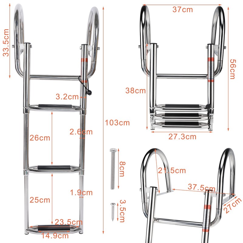 Amarine Made Stainless Steel in-Board 3 Steps Telescoping Ladder Folding